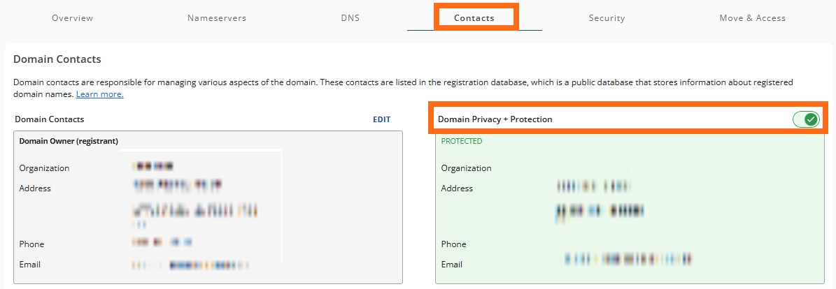 Domains Tab - Contacts Tab - DPP