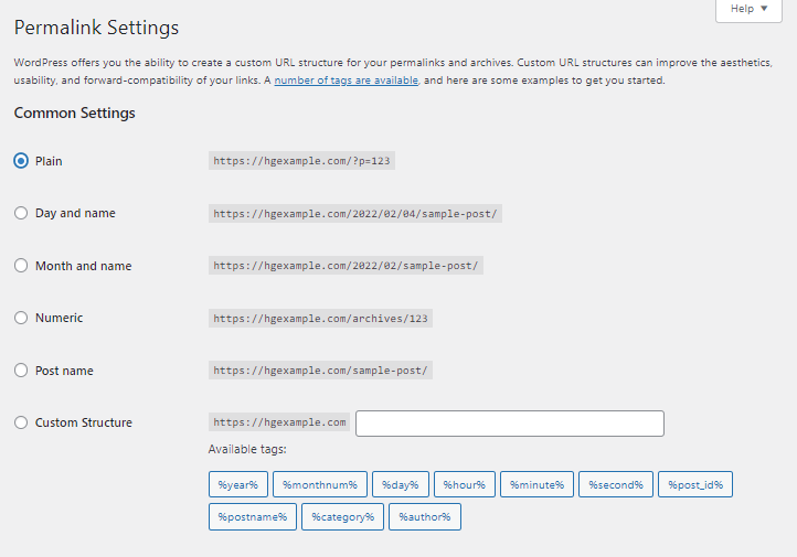 HostGator Common Permalink Settings