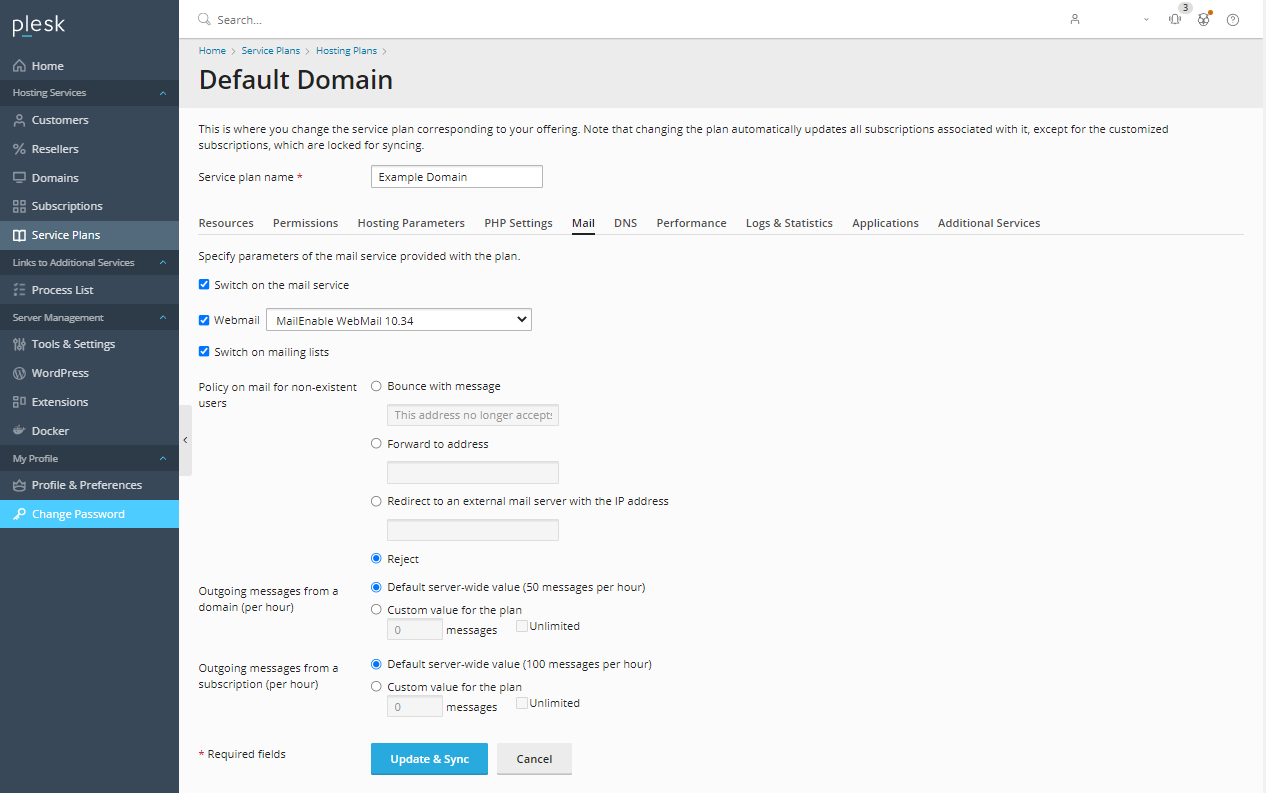 HostGator - Plesk Service Plans - Hosting Plans Mail Tab
