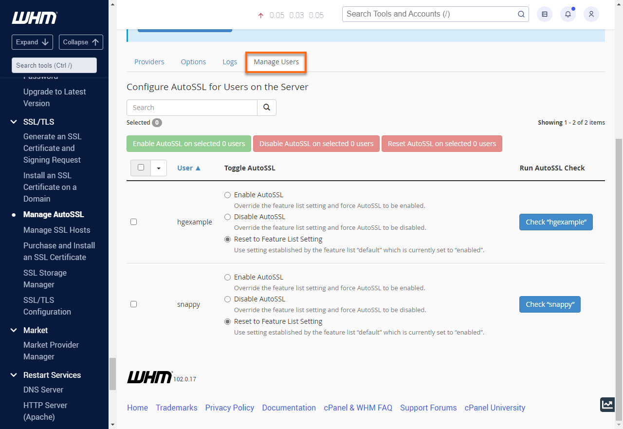 WHM - Manage AutoSSL - Manage Users