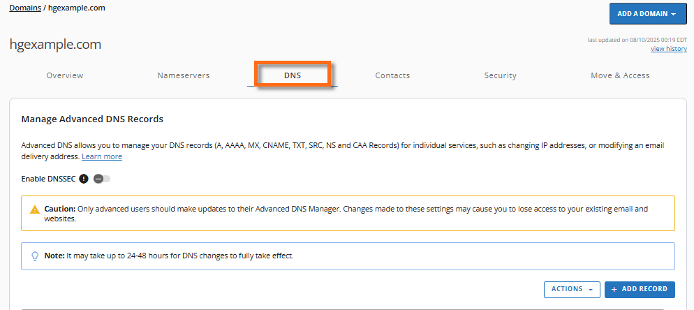Domains tab - DNS tab