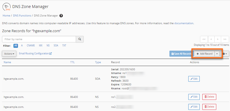 WHM - DNS Zone Manager - + Add Record