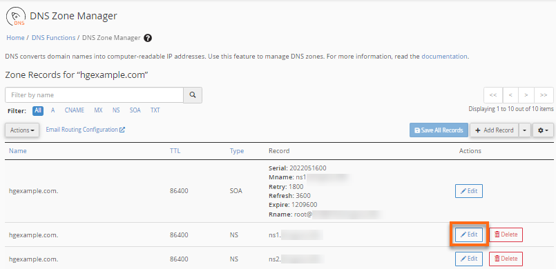 WHM - DNS Zone Manager - Edit
