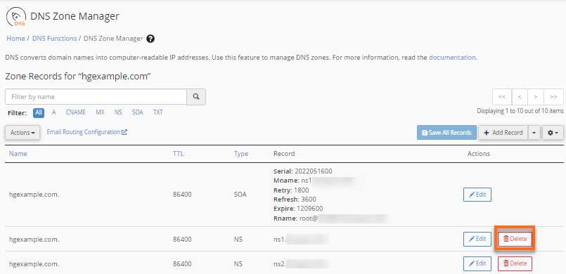WHM - DNS Zone Record - Delete