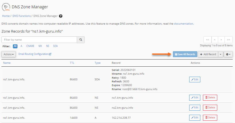 WHM - DNS Records - Save All Records