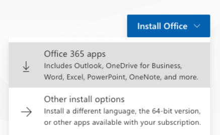 Microsoft 365 installation drop-down options