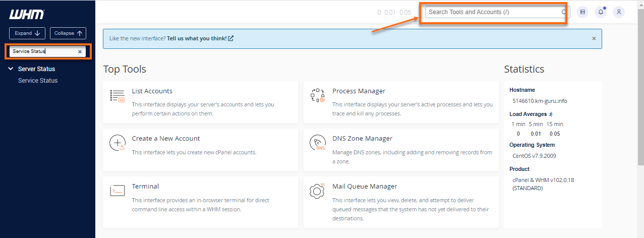 Service Status search