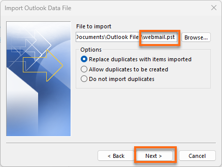 Microsoft Outlook Import Export Wizard Import Choose .pst