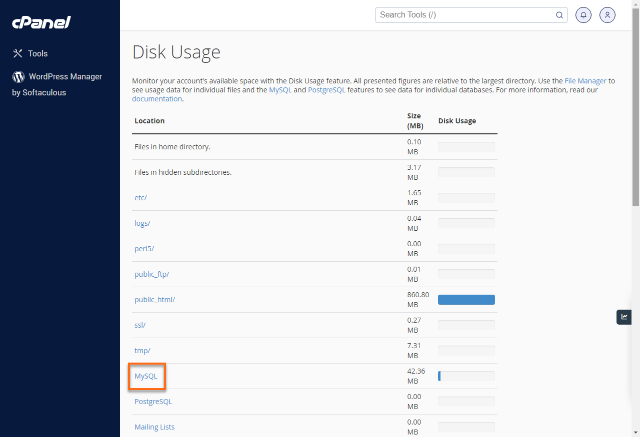 cPanel Disk Usage MySQL