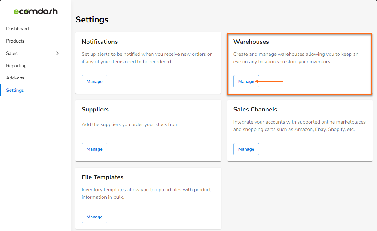 HostGator Ecomdash Settings menu - Warehouse Manage