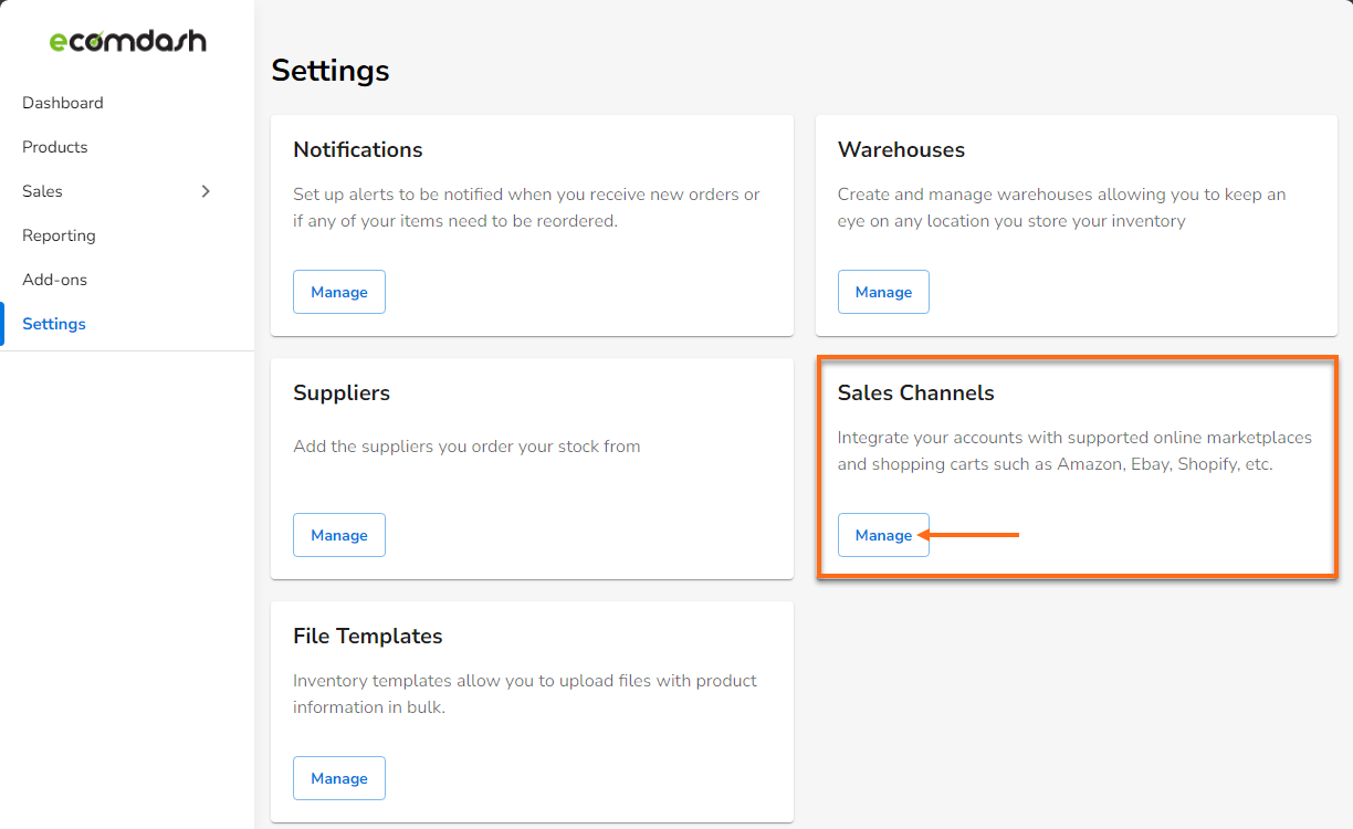 HostGator Ecomdash Create Warehouse FBA Integrate Online Marketplace - Sales Channels