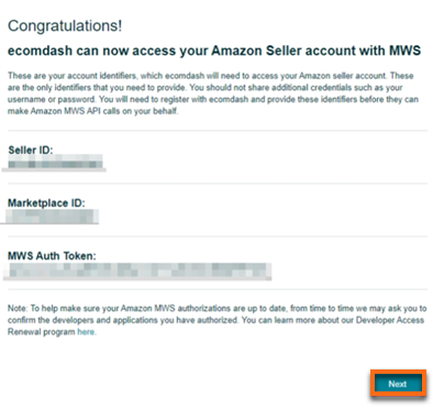 HostGator Ecomdash Create Warehouse FBA Integrate Online Marketplace - Amazon Authorize New Developer Complete