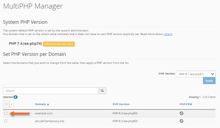 MultiPHP Manager - Select domain