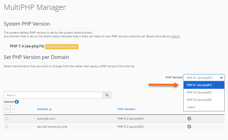 MultiPHP Manager - Select PHP version