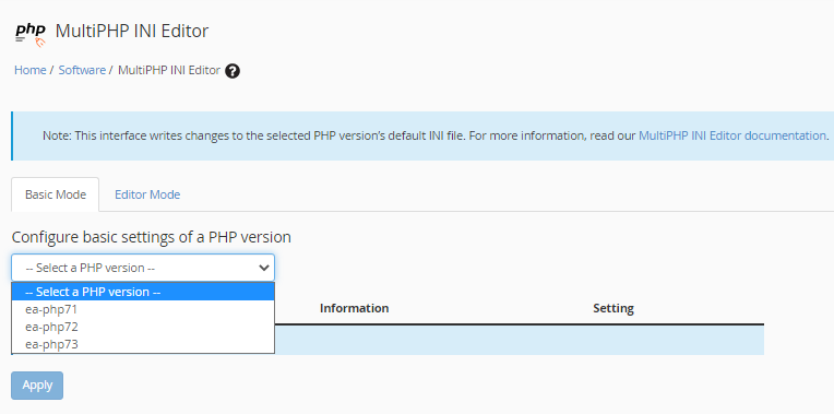 WHM MultiPHP INI Editor - Select PHP Version