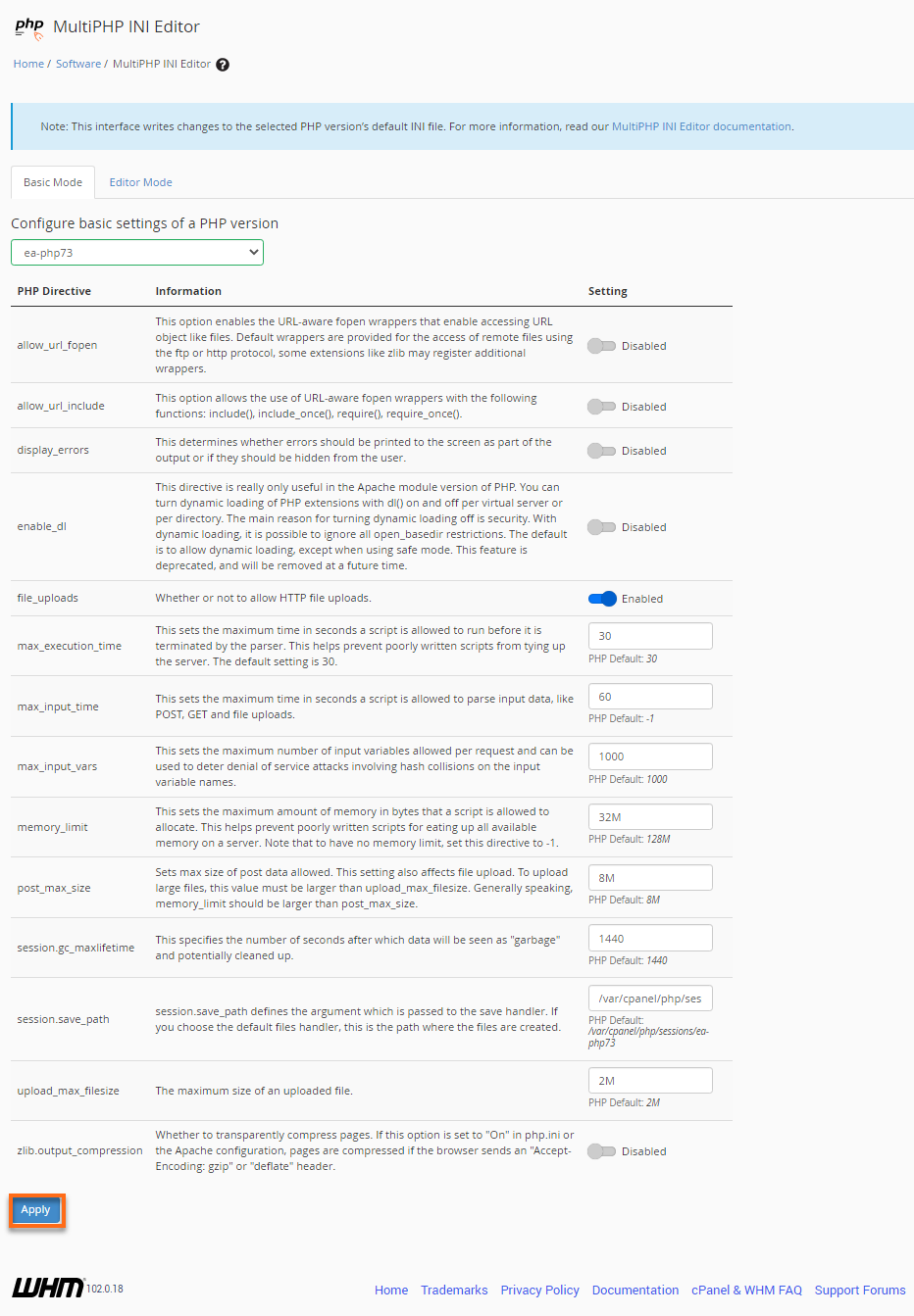 HostGator WHM MultiPHP INI Editor Changes Successfully Applied