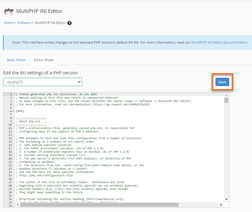 WHM MultiPHP INI Editor - Editor Mode
