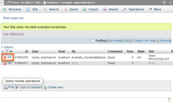 phpMyAdmin - Kill MySQL Process