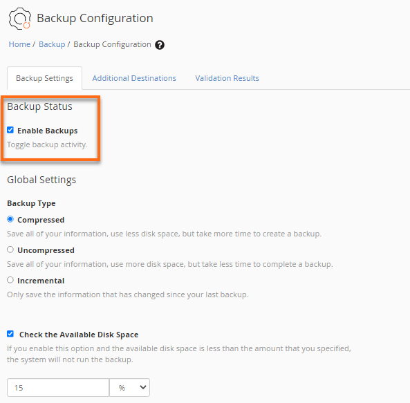WHM - Enable Backups