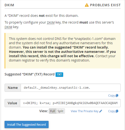 cPanel - Email Deliverability - DKIM section