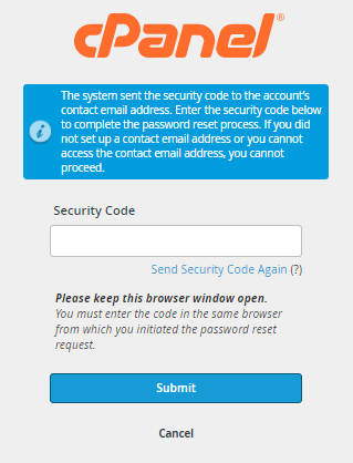 cPanel - Enter Security Code