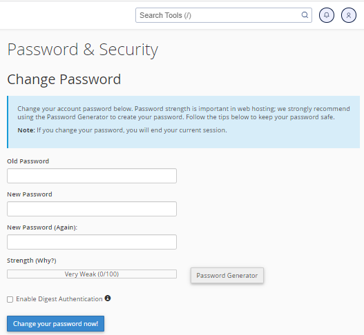 cPanel - Enter old and new passwords
