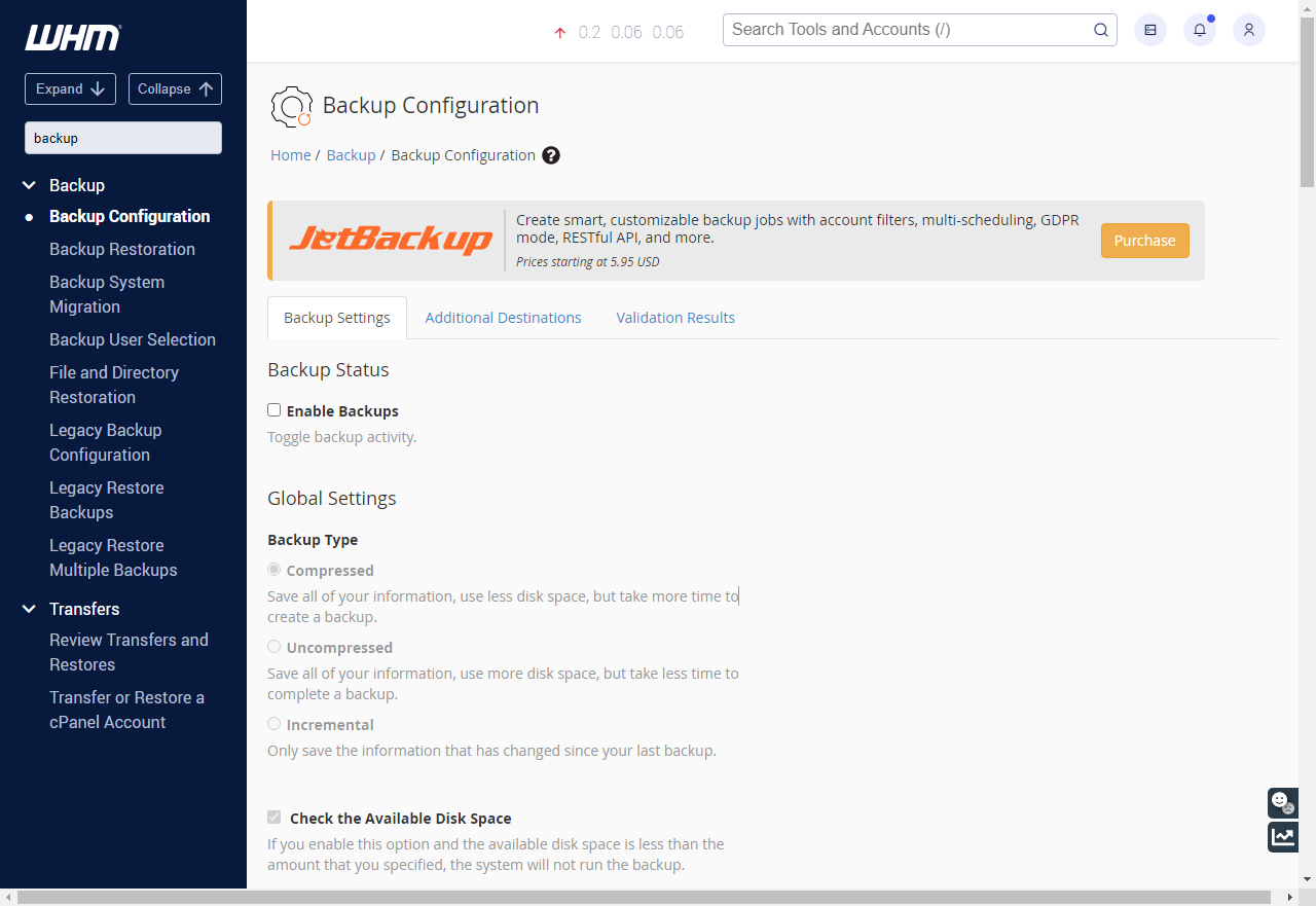 HostGator - WHM - Backup Configuration Settings