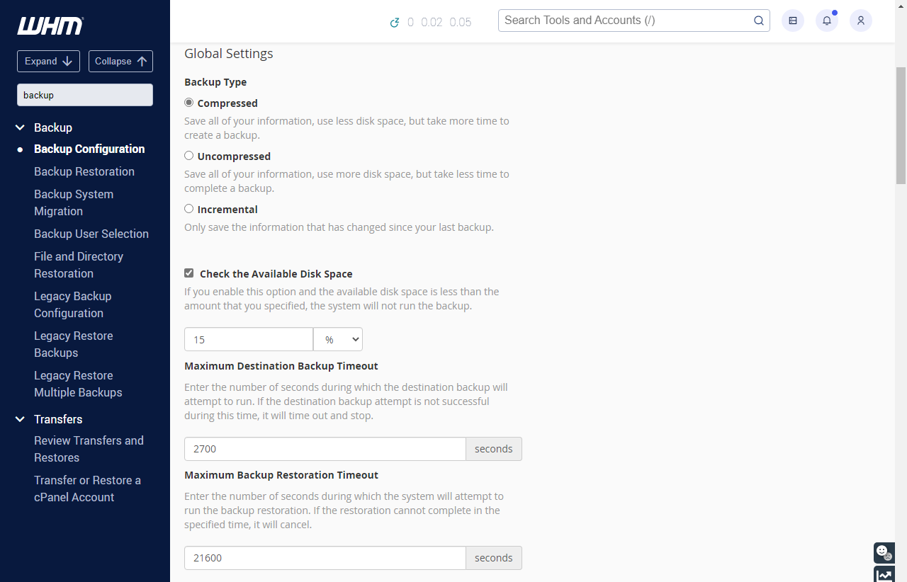 HostGator - WHM - Backups - Global Settings