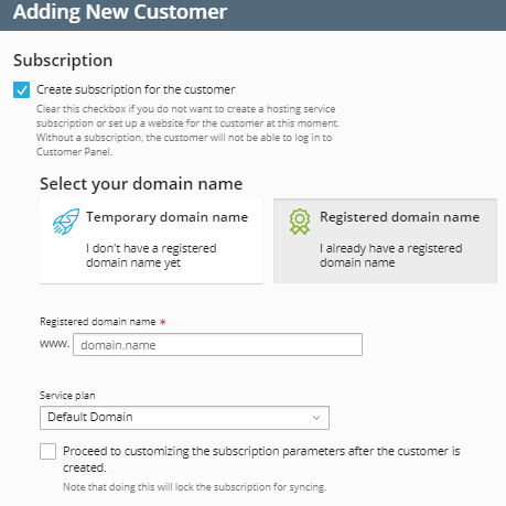 Plesk 18 Subscription Section