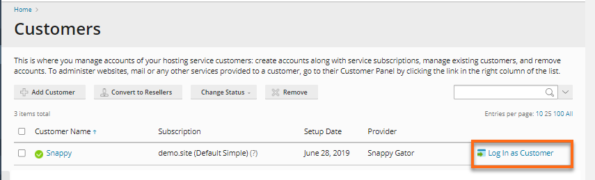 Plesk log in as customer