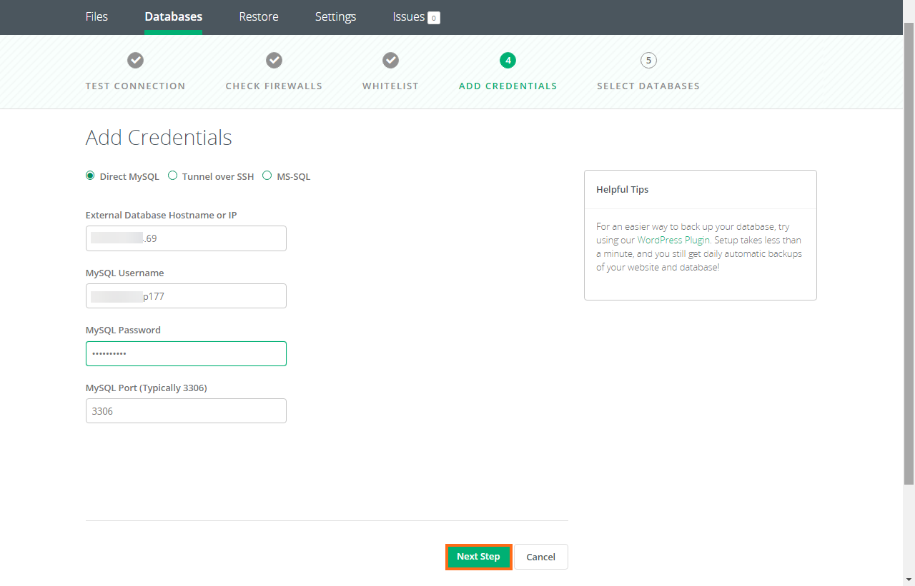 CodeGuard Database Add Credentials