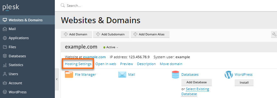 Plesk - Hosting Settings
