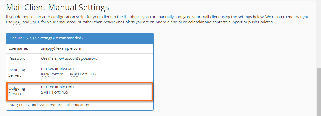 cPanel - Email Accounts - Manual Settings - Outgoing Server