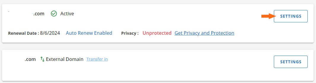 Customer Portal - Domains - Summary View