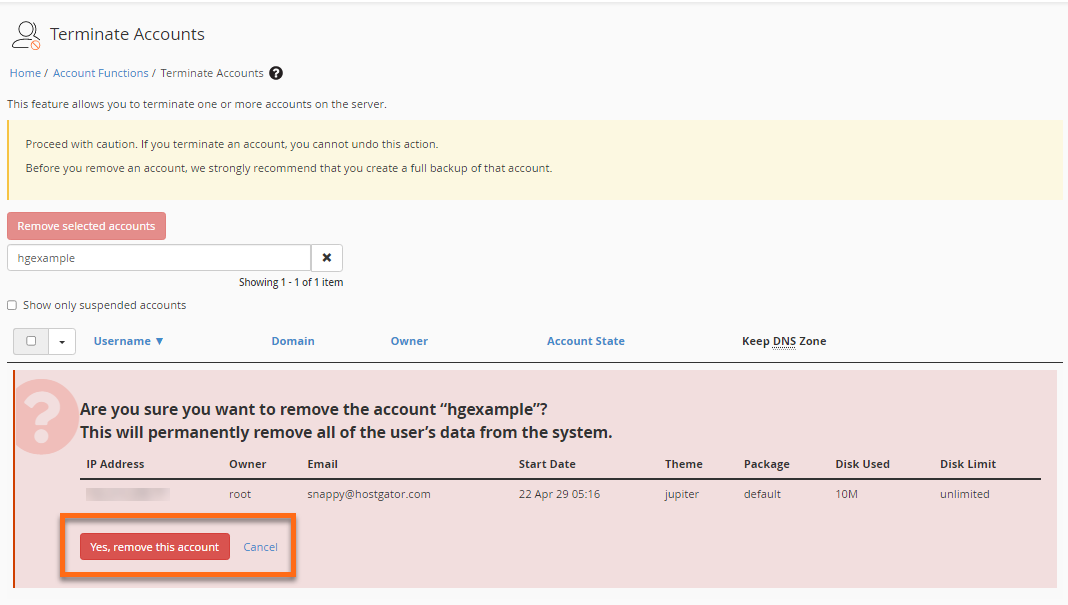 Remove account in WHM