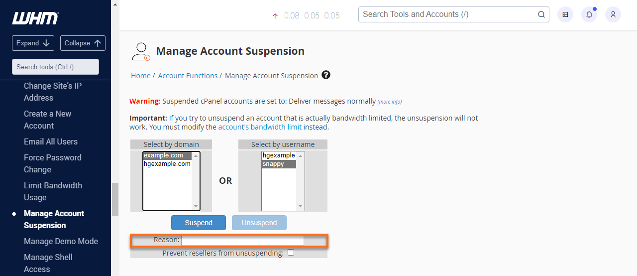 HostGator Manage Account Suspension Reason Field