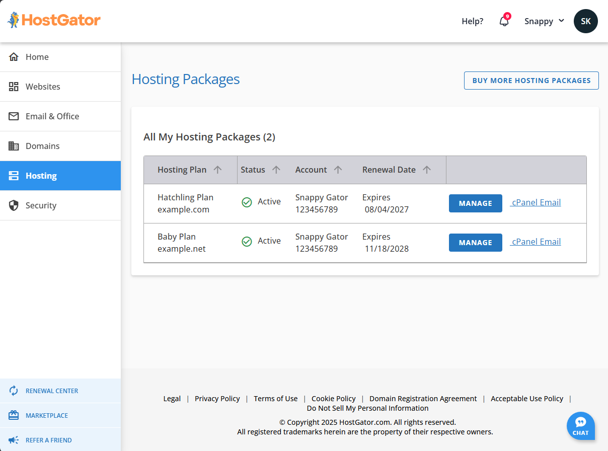 Customer Portal - Hosting tab