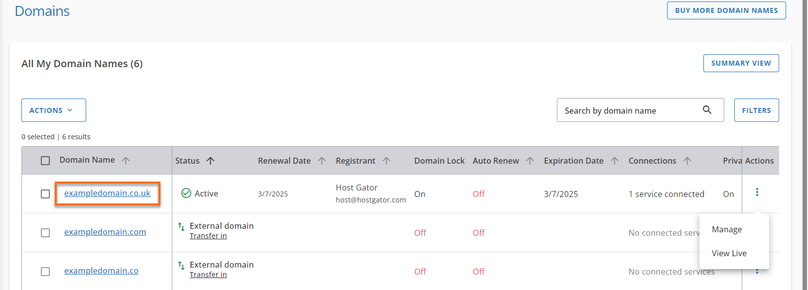 Customer Portal - Domains Advance View