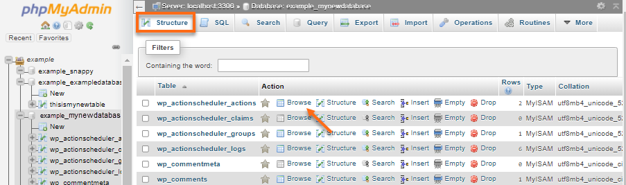 phpMyAdmin - Structure Tab