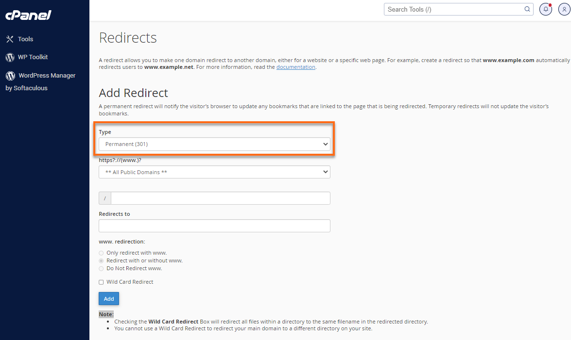 cPanel - Redirects - Type of Redirects