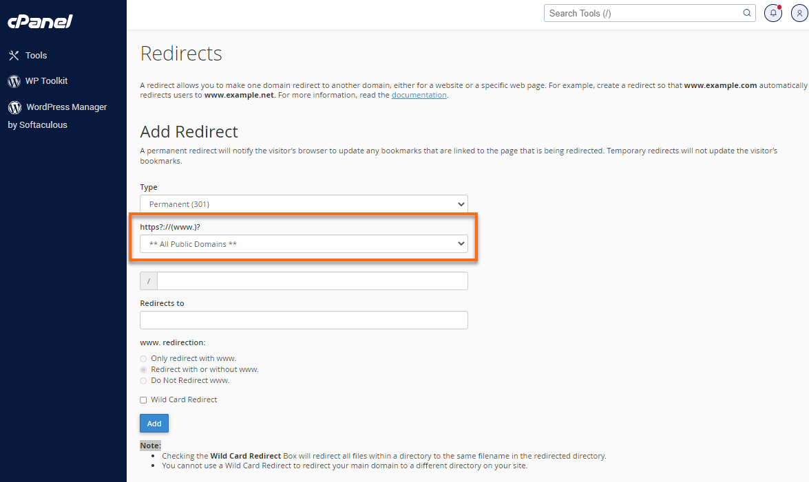 cPanel - Redirects - Choose Domain