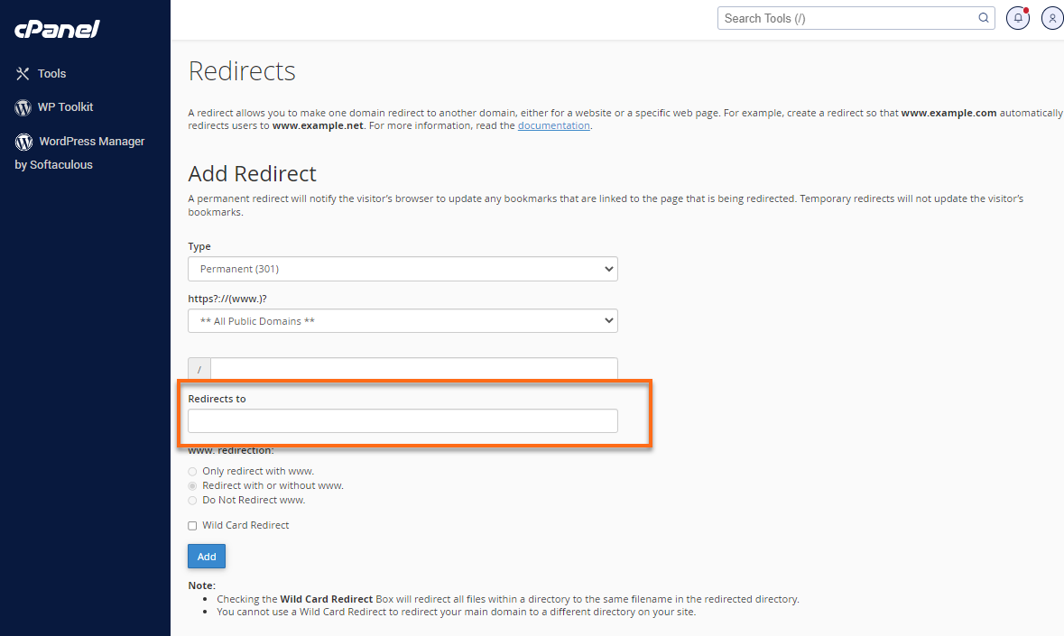 cPanels - Redirects To