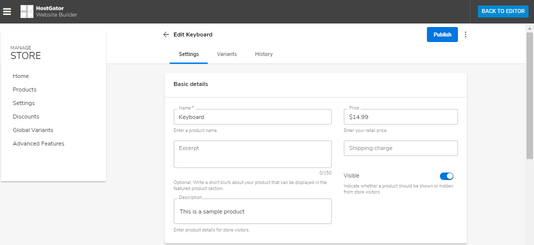 Website Builder - Products Settings