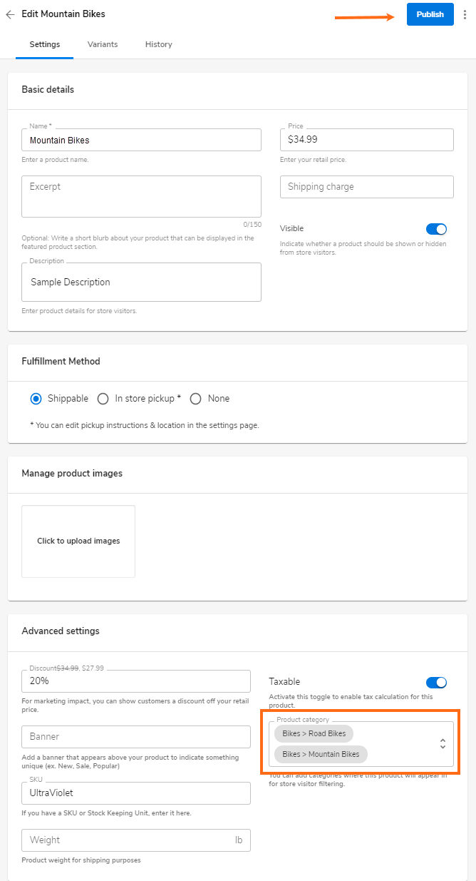 Website Builder - Edit Product Category - Advanced Settings