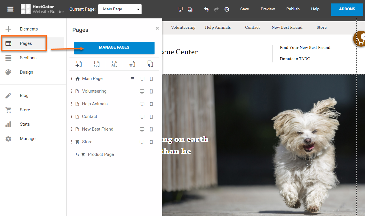 HostGator Website Builder Manage Pages