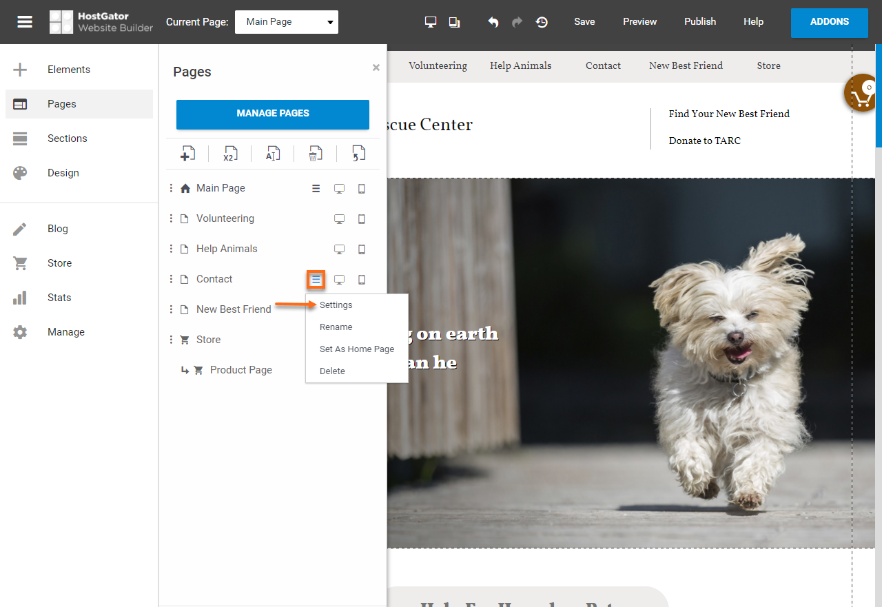 HostGator Website Builder Manage Pages