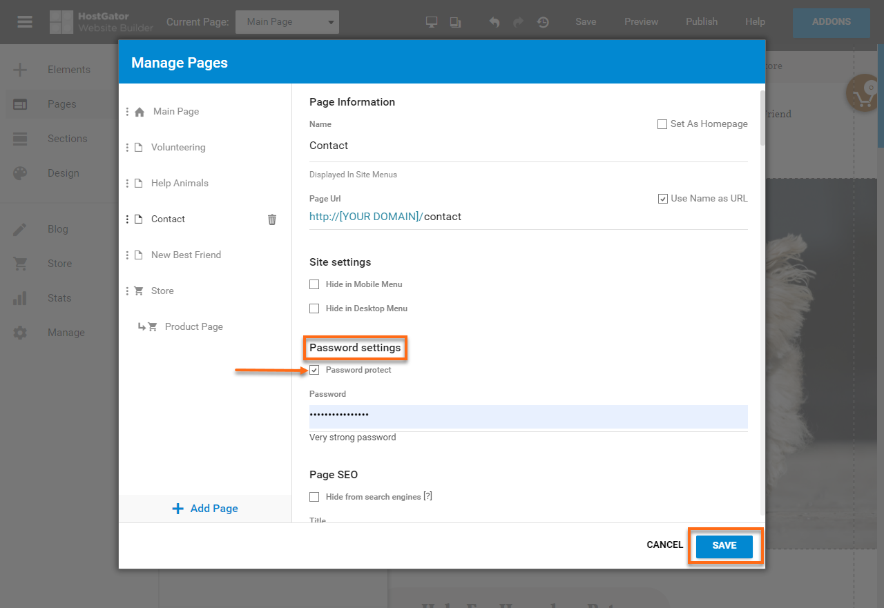 HostGator Website Builder Manage Pages Settings