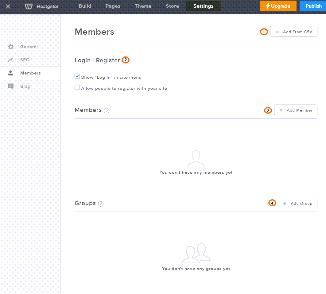 Weebly - Settings - Members Tab