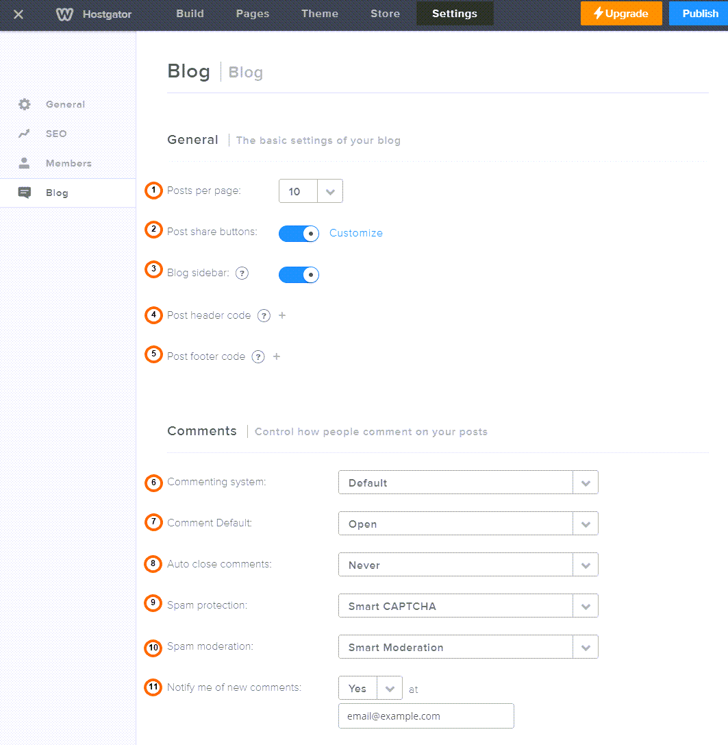 Weebly - Settings - Blog Tab