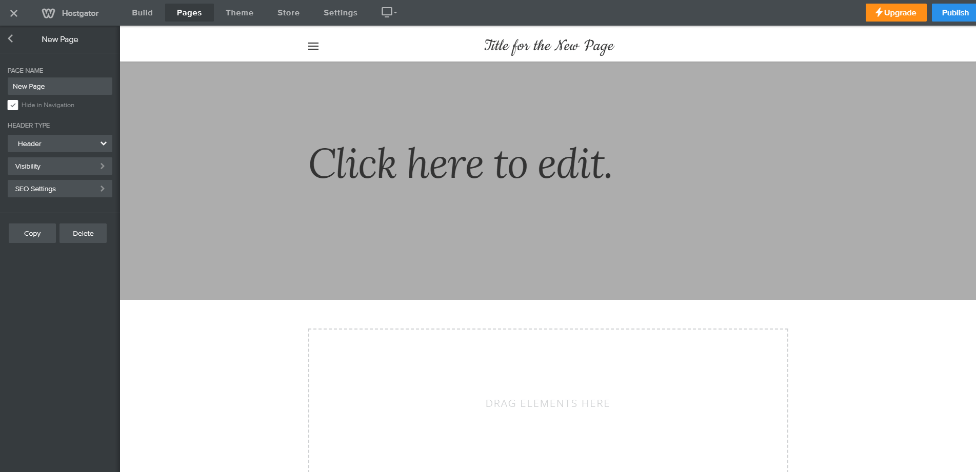 HostGator Weebly new page screenshot